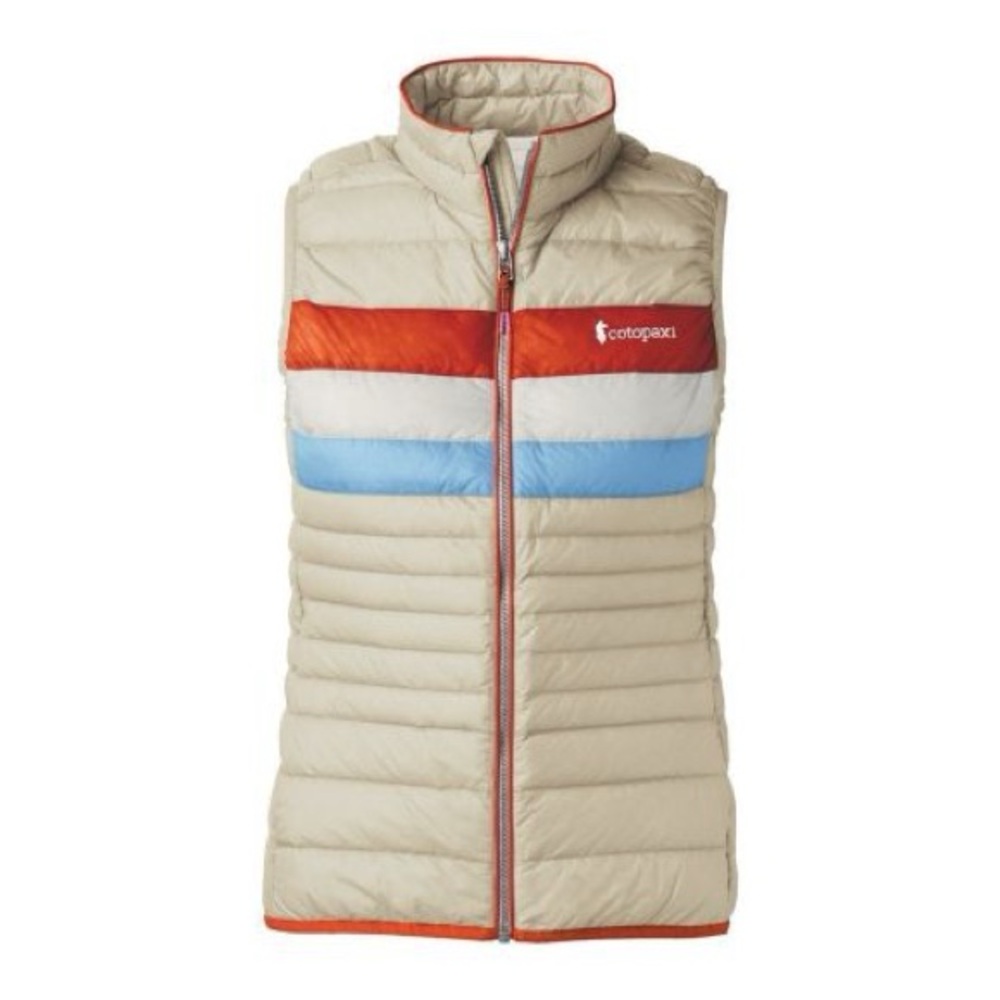 cotopaxi Beige Puffer Vest with Orange and Light Blue Stripes